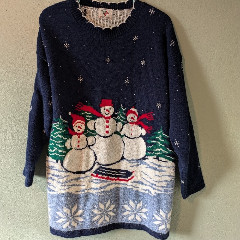 Nutcracker Vintage Snowman and Snowflake Holiday Christmas Sweater Size L
